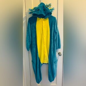 Blue and Yellow Kids Size 8/10 Axolotl Fleece Onesie Halloween Costume